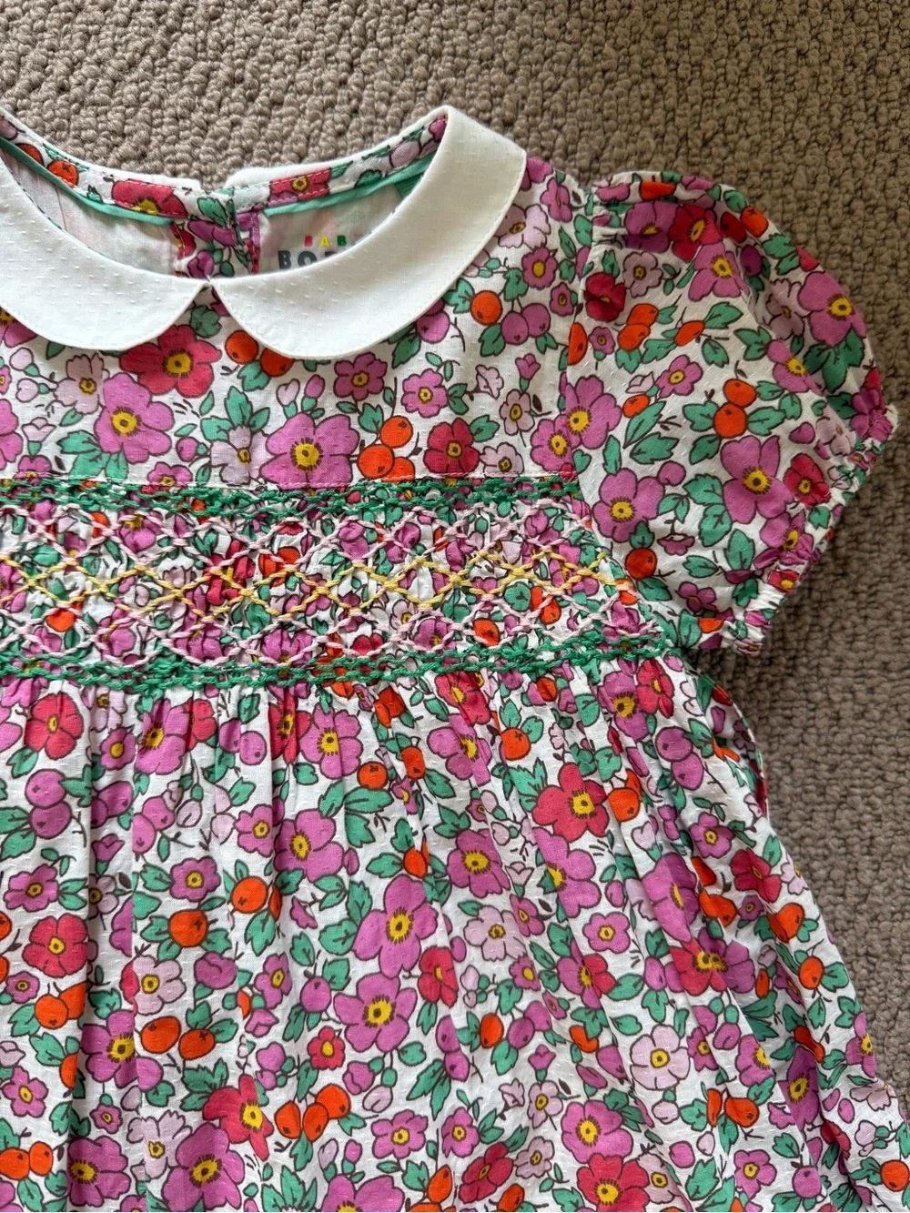 Boden Pink and Orange Floral Smocked Dress with White Peter Pan Collar
